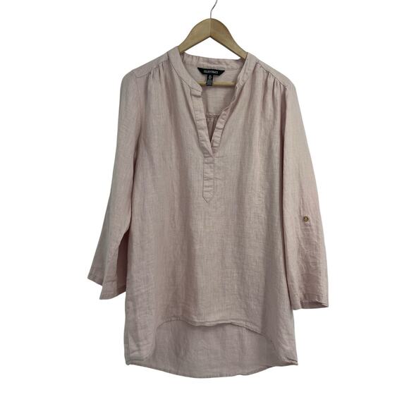 Ellen Tracy Dusty Pink V Neck TunicLength 100% Linen Blouse Large - Picture 1 of 5